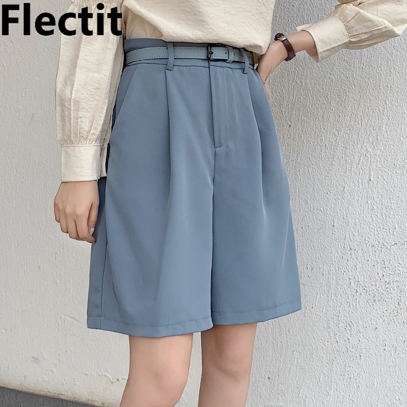

Flectit Women's Bermuda Shorts With Matching Belt High Waist Wide Leg Front Pleats Female Student Girl Casual Outfit