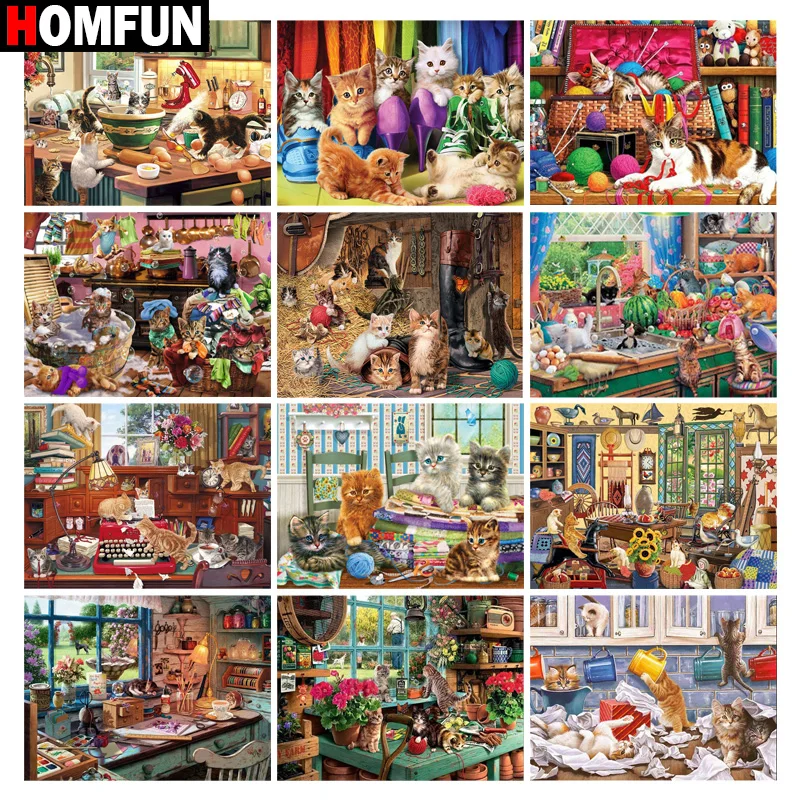 

HOMFUN DIY Diamond Painting "Cat kitchen shoes" Full Drill Square Round Diamond Embroidery 5D Cross Stitch Decoration Home