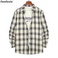 2022 new men casual plaid flannel shirt long sleeved chest two pocket design fashion printed button