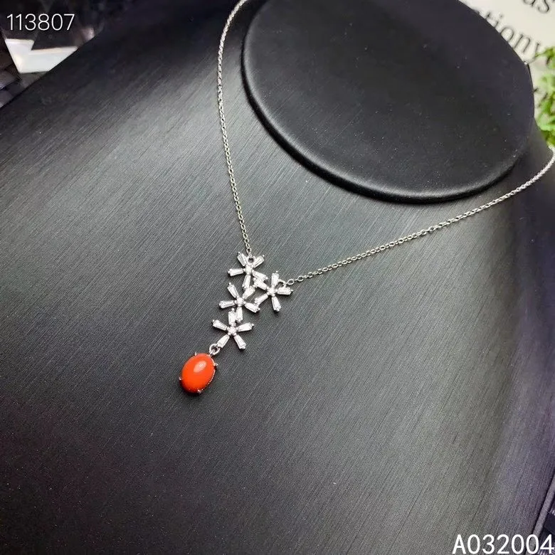 

KJJEAXCMY Fine Jewelry 925 Sterling Silver inlaid Natural gemstone red coral Female Miss Girl Woman Pendant Necklace lovely