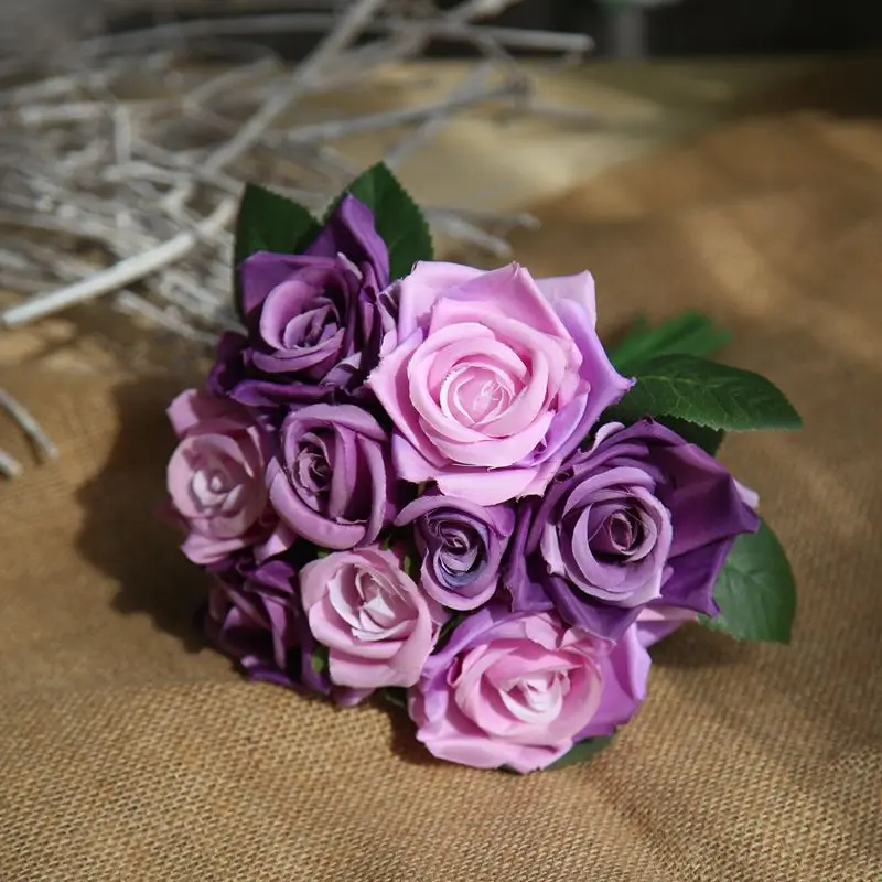 

9 Branches Roses Bride Bouquet Wedding Decoration for Home Vase Ornamental Flowerpot Artificial Flowers