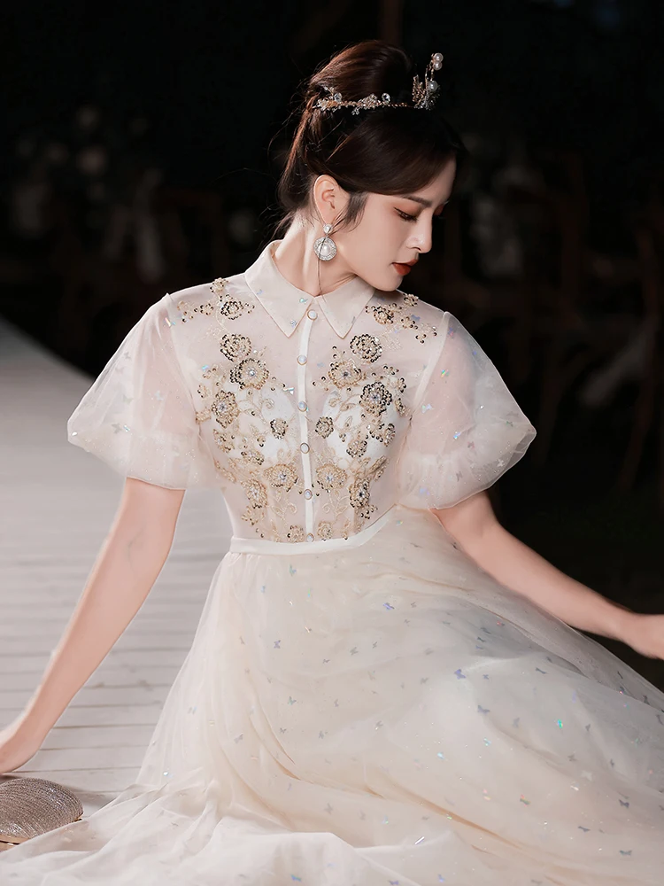 

White Evening Dresses Women New French Style Temperament Puff Sleeve Long A-Line Dress Elegant Appliques Birthday Party Dress