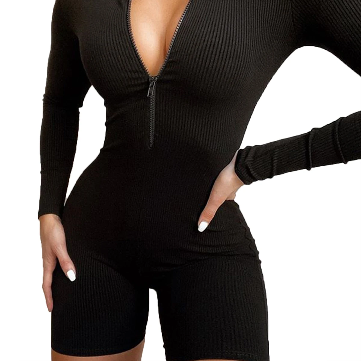 

Imcute Women's Long Sleeve Knitted Jumpsuit Fashion Sexy Front Zipper Tight Cotton Jumpsuit Solid Color One Pieces