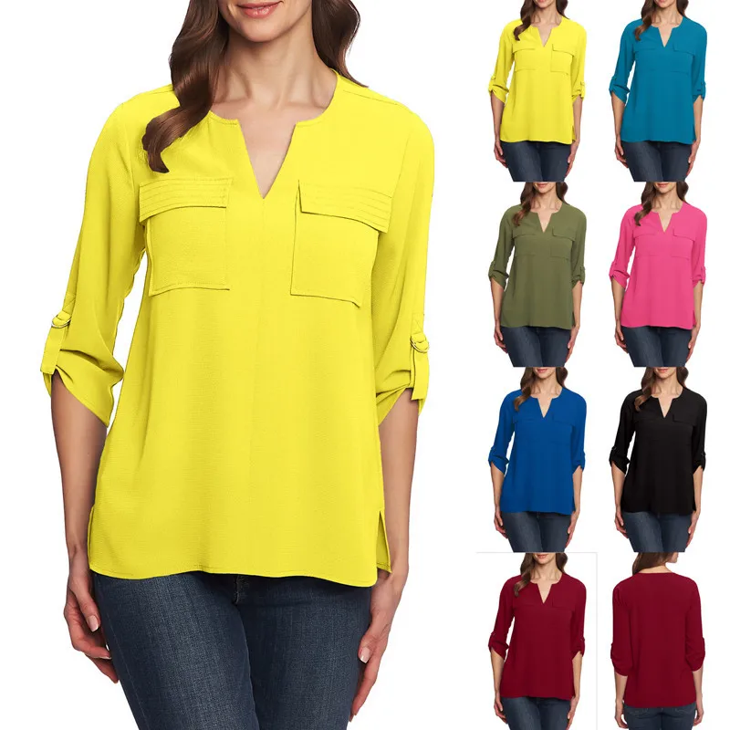 7 цветов восемь размеров Женская Осенняя однотонная блуза с v образным вырезом и