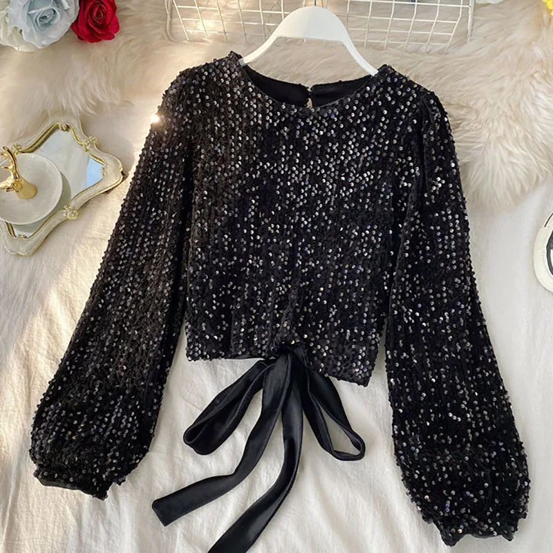 Женский топ с блестками весна 2020 новые уличные модные короткие футболки открытой