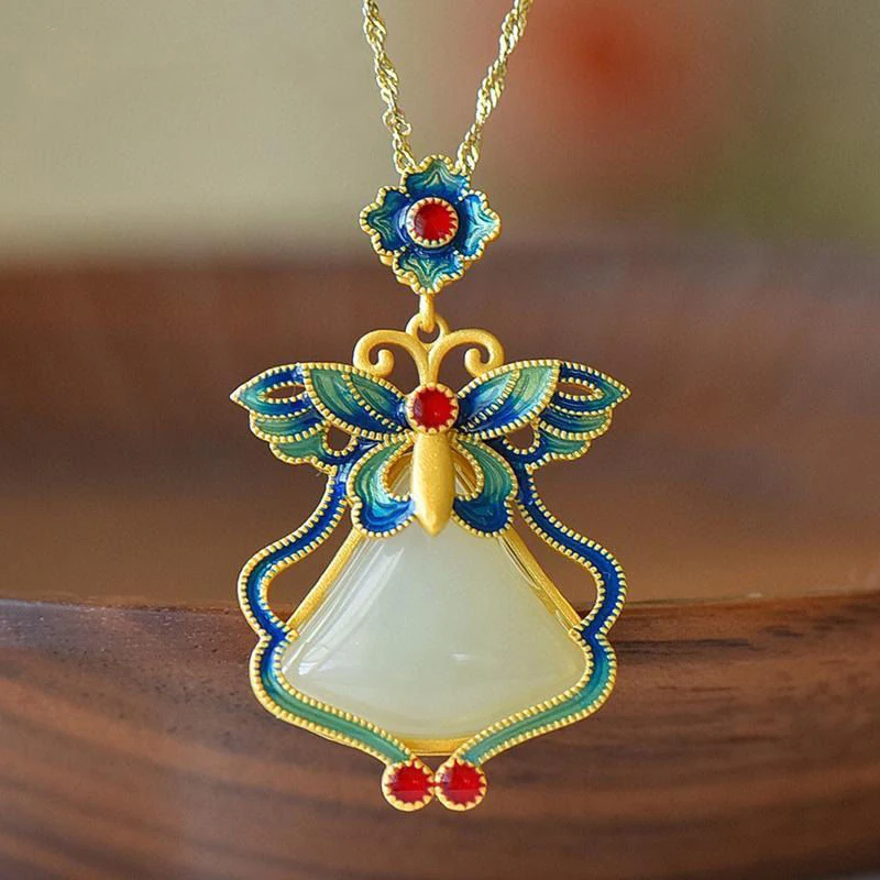 

Inspired design natural Hetian jade enamel porcelain geometric necklace pendant retro temperament antique ladies jewelry
