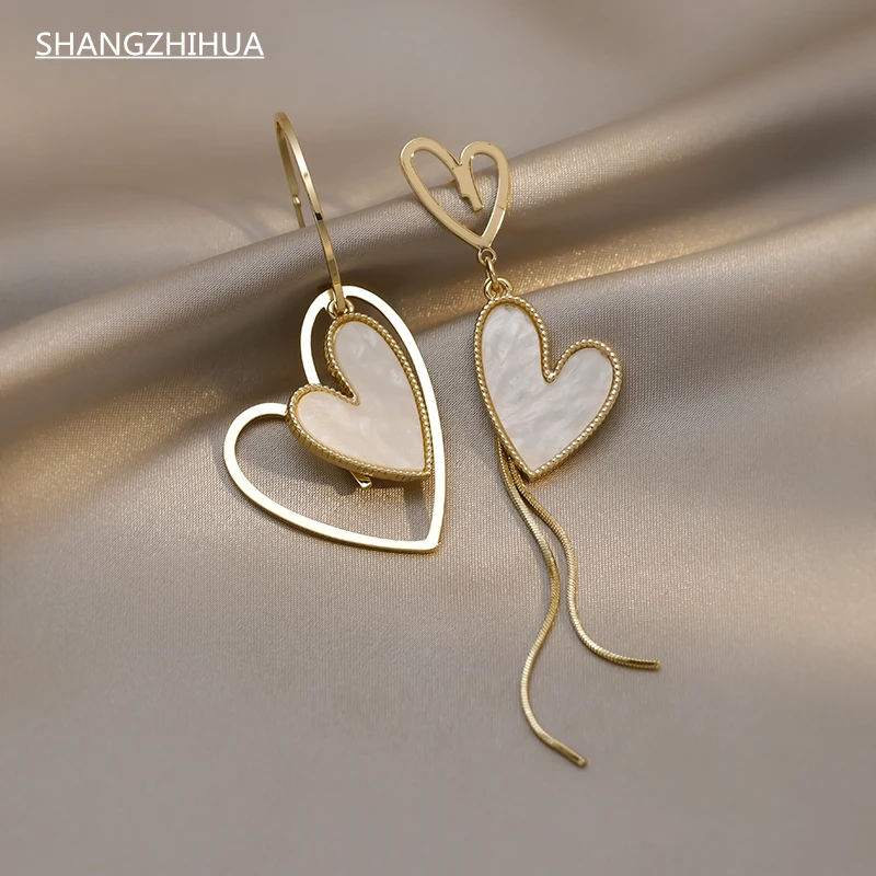 

SHANGZHIHUA Geometrical asymmetry heart shape fashion woman earrings temperament light luxury simple girl unusual jewelry gifts