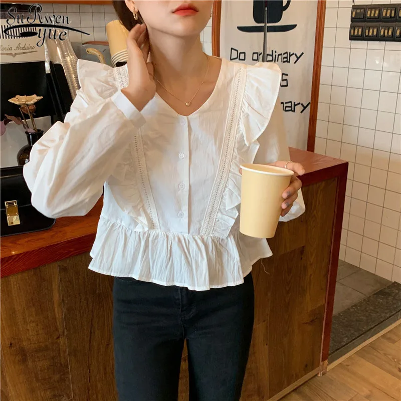 

Blusas 2021 весна корейский Стиль женская блуза с длинным рукавом белые топы, милая и симпатичная, v-образный вырез, Однотонная рубашка с оборками...