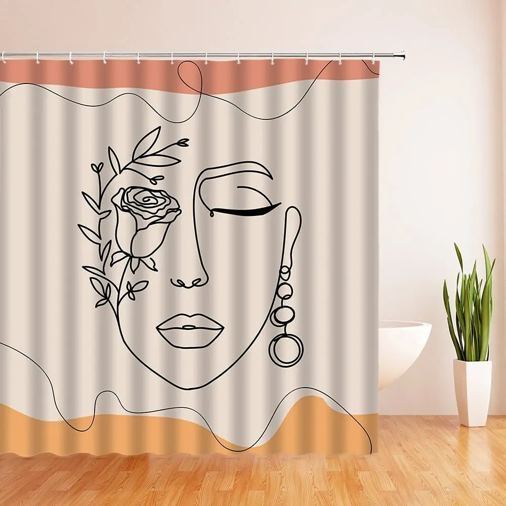 

Abstract Face Shower Curtain Terracotta Mid Century Modern Shapes Line Art Silhouettes Geometric Bathroom Curtain with Hook