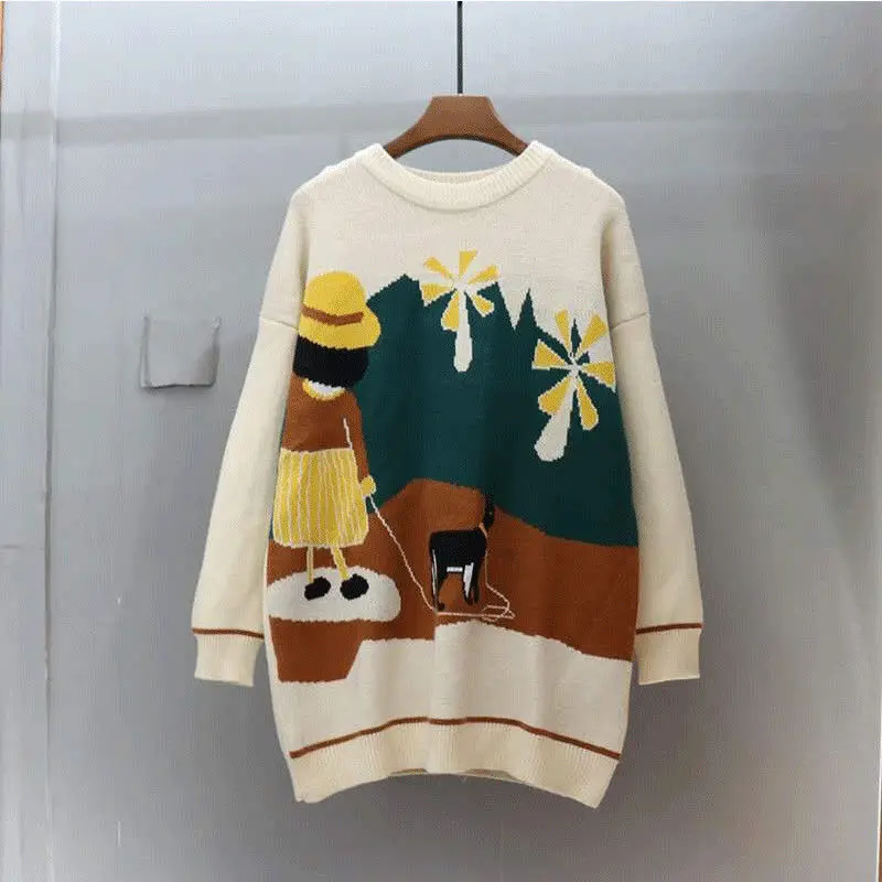 

OMCHION Pull Femme 2020 Autumn Winter Korean Oversized Sweater Women Casual Loose Character Embroidery Pullover Jumper LYT68