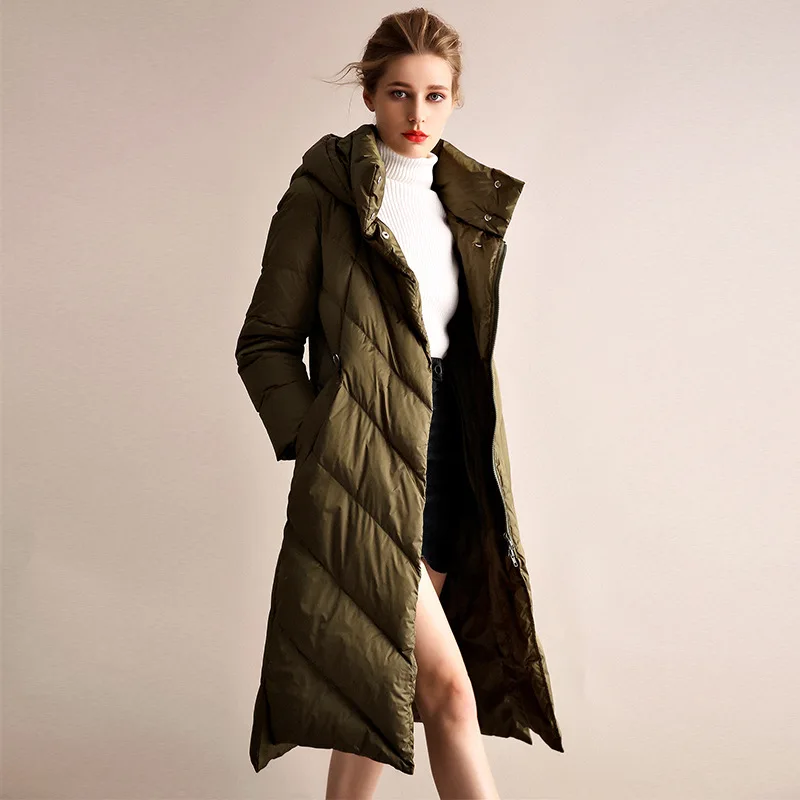 Solid 2021 Black New Trendy Thick Slim Detachable Hooded Nylon 90% white duck winter coat ankle-length women down coats