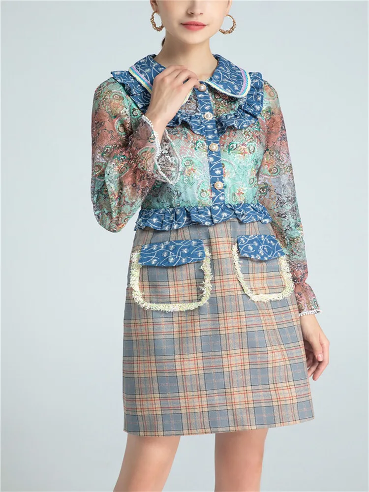 

2020 AUTUMN RUFFLED PETER PAN COLLAR LACE PATCHWORK DRESS