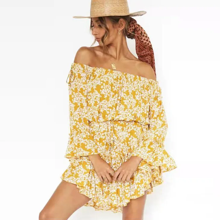 

Женское пляжное мини-платье с цветочным принтом, длинным рукавом и открытой спиной