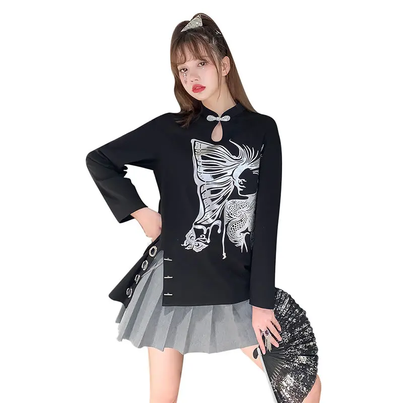 

XITAO Retro National Wind Plate T Shirt Buckle Cheongsam Fulls Sleeve Split Goddess Fan Casual Minority Loose Tee Top WMD2736