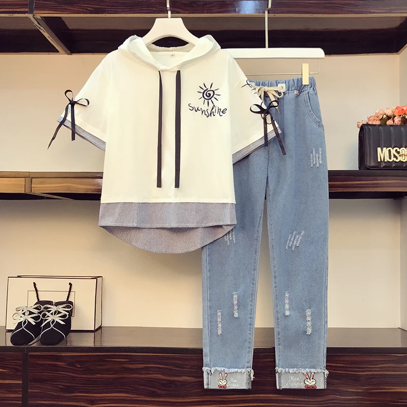 

Summer 2021 New Big Yards Sister Leisure Loose Sweatshirt Hoodies Fleece Jeans Denim Pants Women Casual Suit