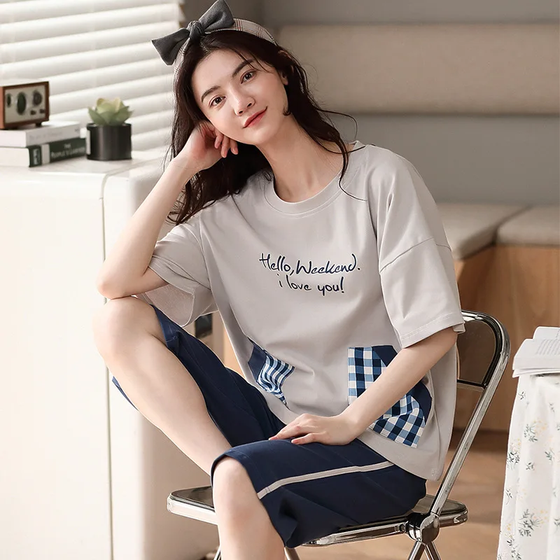 Простая Пижама женские пижамы Хлопковые пижамные комплекты с коротким рукавом