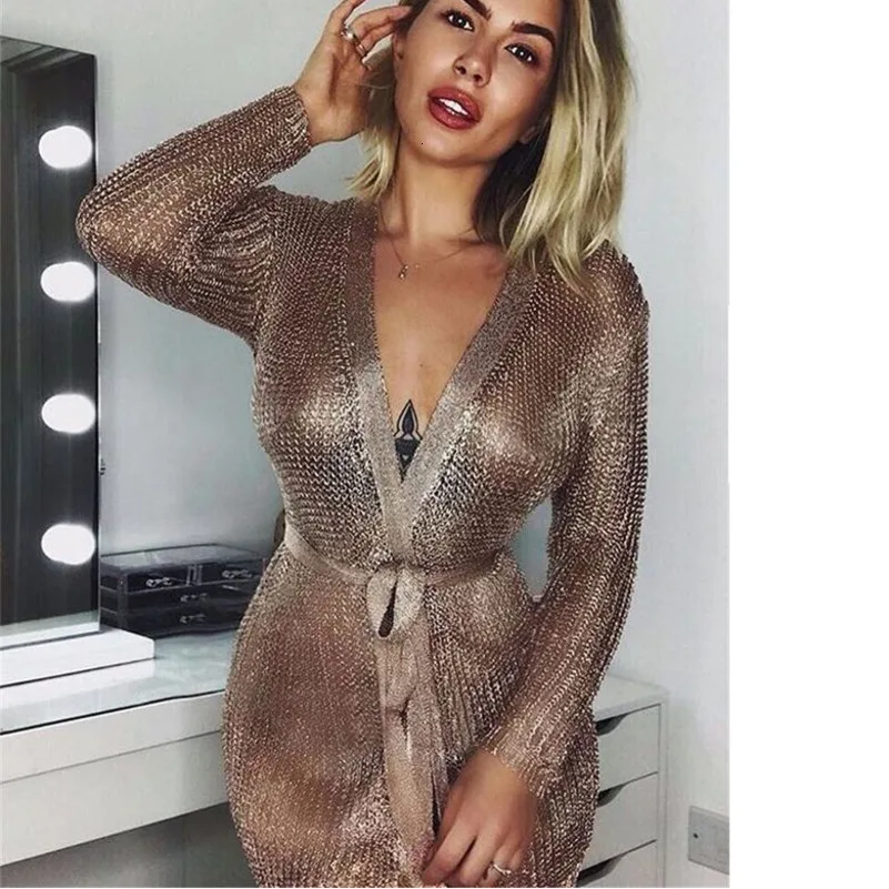 Розовое золото блеск длинный рукав ремень платье свитер сексуальное осеннее