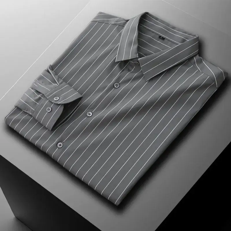 

Spring Autumn Longsleeve Shirt for Men Gray Striped Shirt Mens Business Casual Large Size Shirt Men's Slim-Fit Iron-Free Shirts