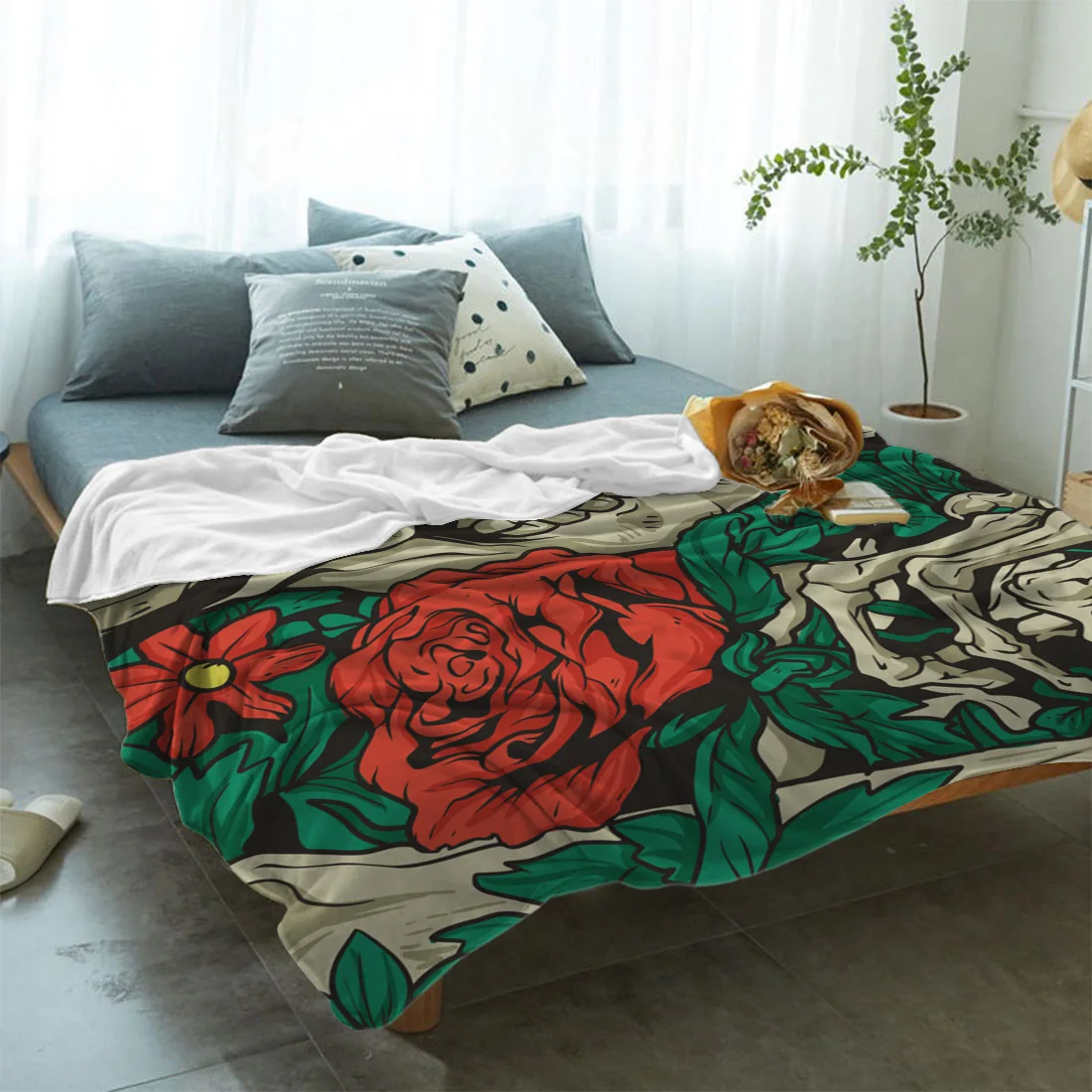 Зеленый лист роза цветок череп одеяло портативное фланелевое