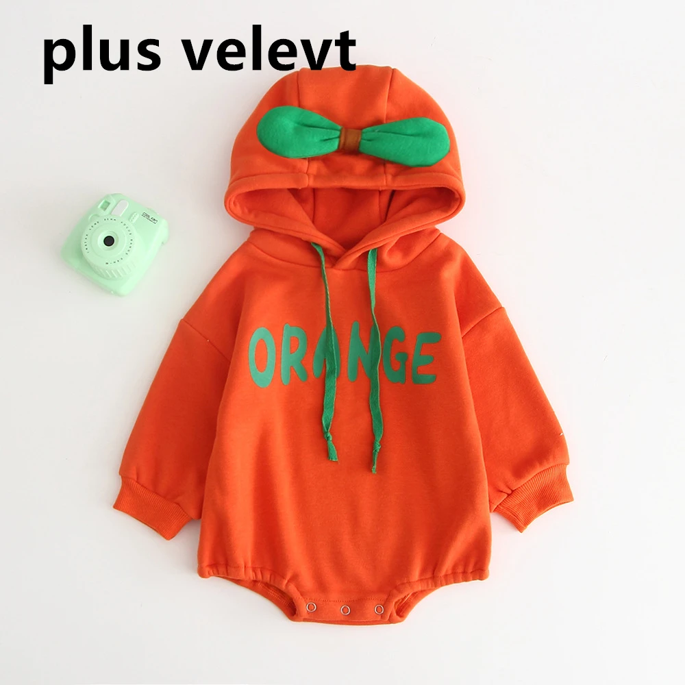 orange plus velvet Осенний стильный Детский комбинезон с фруктами, милый персиковый комбинезон с капюшоном для альпинизма, одежда для близнецов - Цвет: orange plus velvet