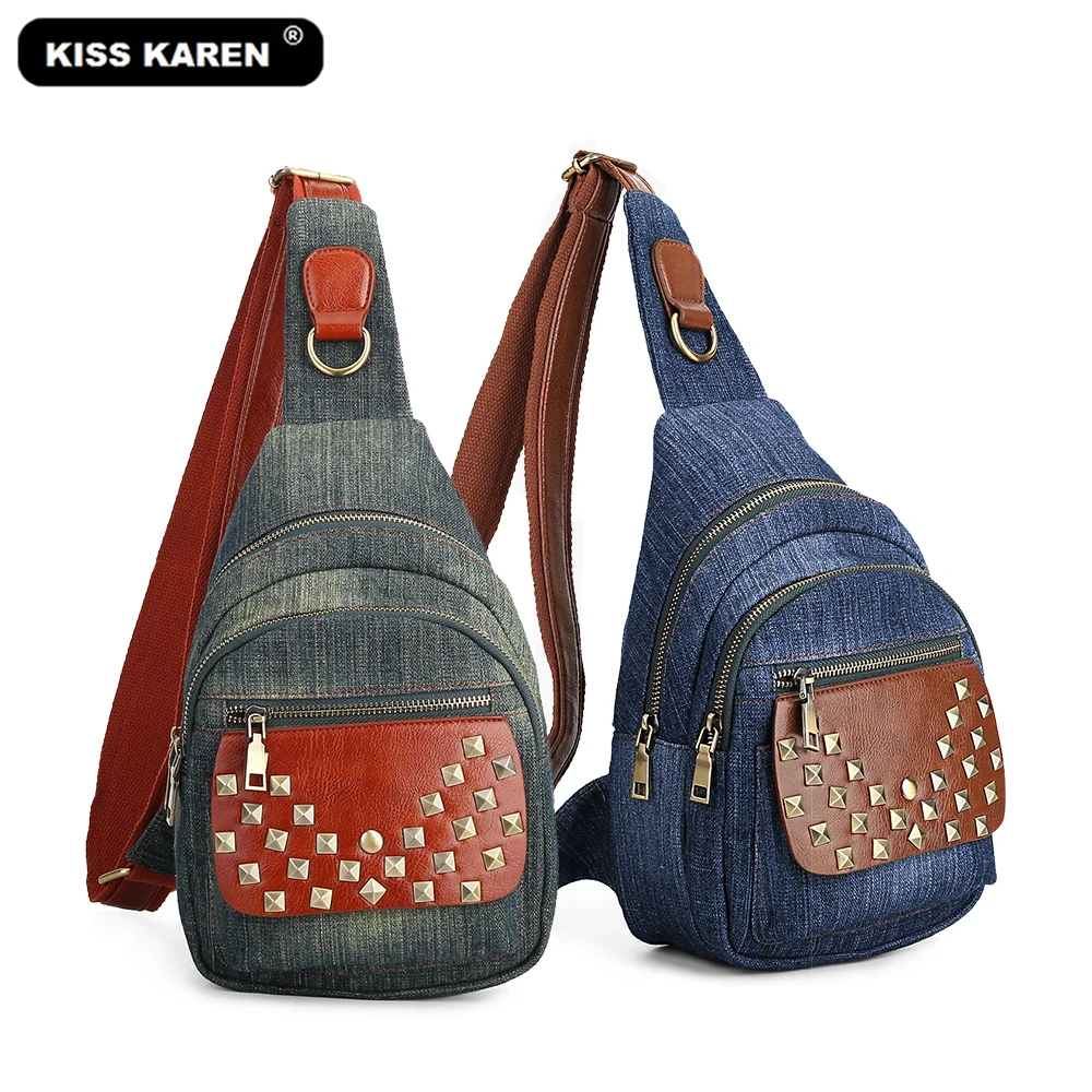 Kiss Karen/винтажная сумка на лямках с шипами, джинсовая женская сумка на груди, стильные женские сумки на плечо, джинсовая модная сумка через плечо