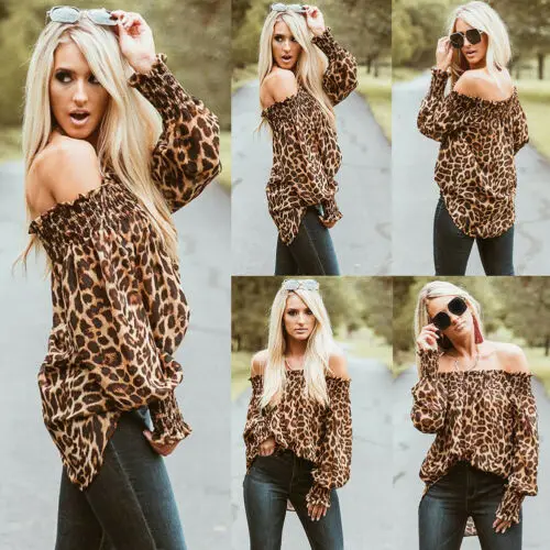 

Women Autumn Classical Leopard Print Off Shoulder Tops Fashion Puff Sleeve Loose Blouse