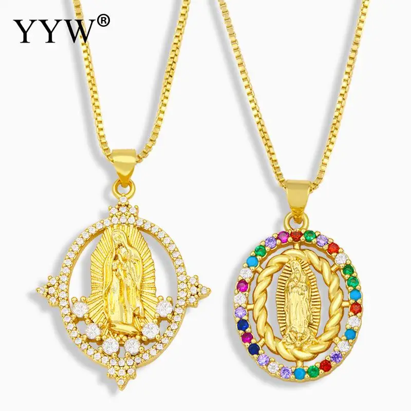 

New Classical Brass Necklace Maria Pendant Necklace With Rhinestone Religious Totem Clavicle Chain Accessories Women Jewelry