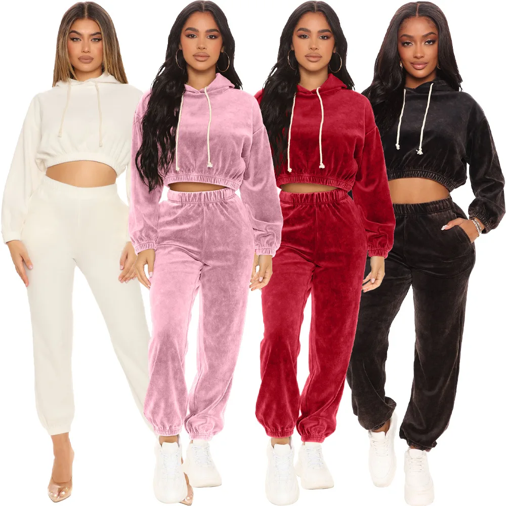 

Thick Velvet Winter Tracksuit Woman Casual Sports Long Sleeve Ruched Hooded Crop Top +High Waist Stacked Pants Two Piece Set
