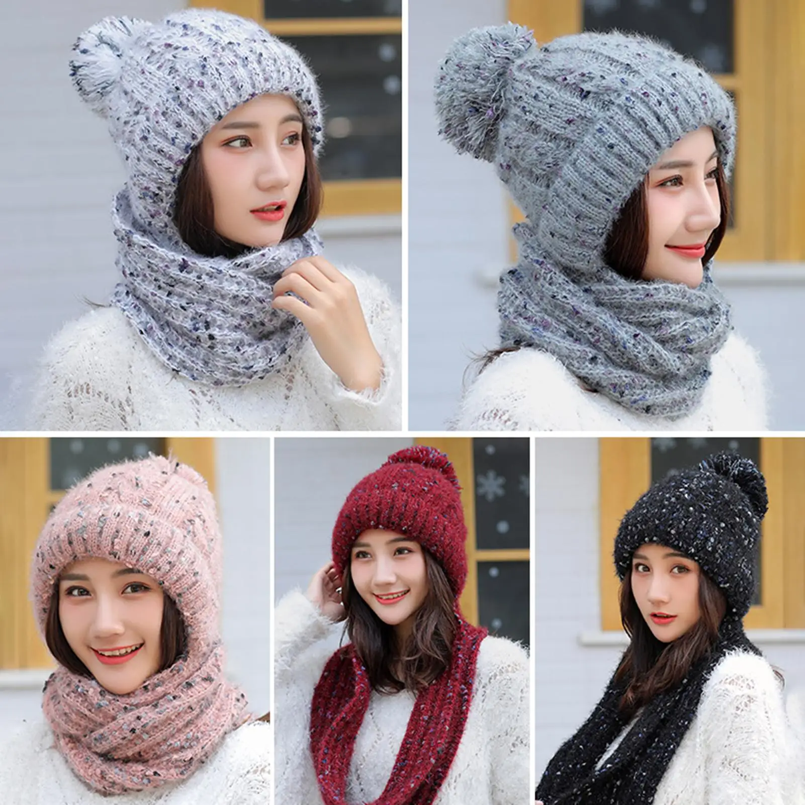 

Knitted Cap Korean-Style Women Autumn Winter Warm Woolen Yarn Knitted Circle Loop Scarf Cap Casual Soft Thick Hat 5 Colors