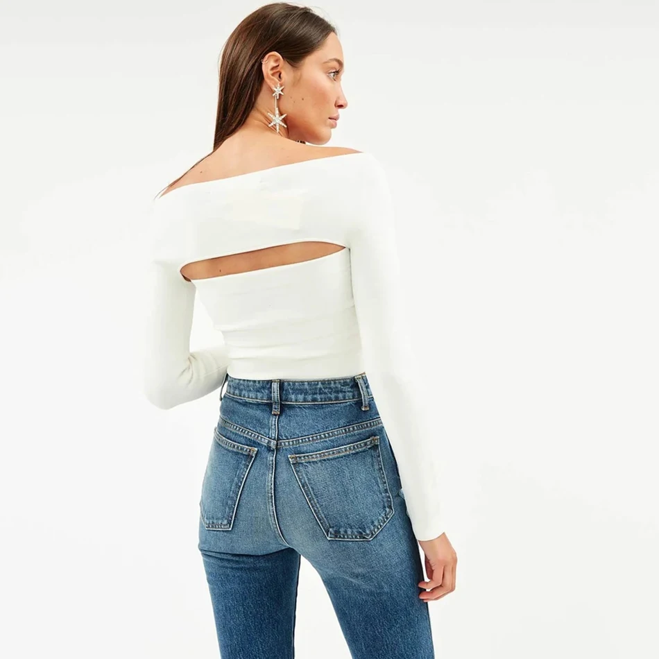 

High Quality Women'S Spring 2021 Sexy Off-Shoulder Long-Sleeved Hollow Knit Top Black And White Bodycon Club Party Short Top