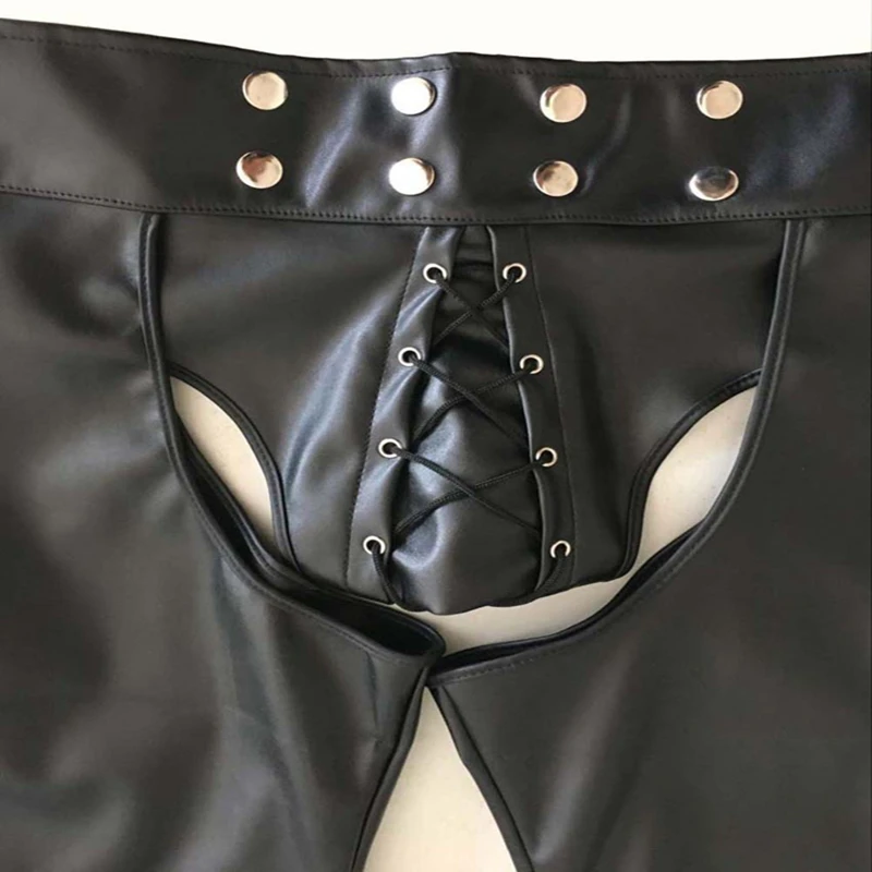 

Sexy Open Crotch Pants Mens Black Faux Patent Leather Pants Nightclub Stage Skinny Performance Trousers