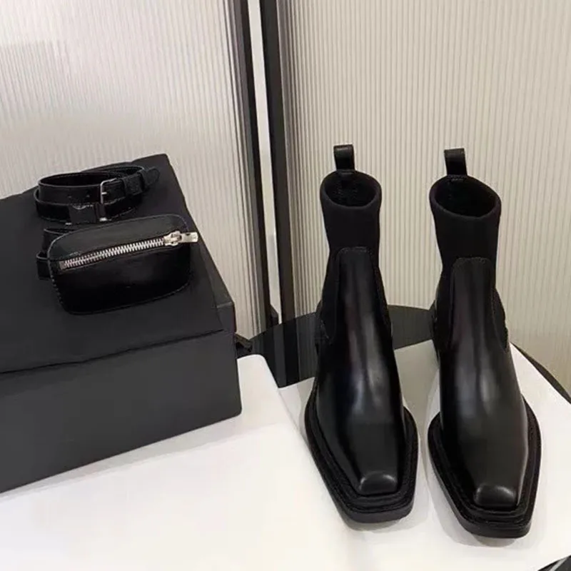 

Black Leather Square Toe Chelsea Boots Street Fashion Pocket Decor Autumn Motorcycle Boots Ankle Long Shoes Female Boots