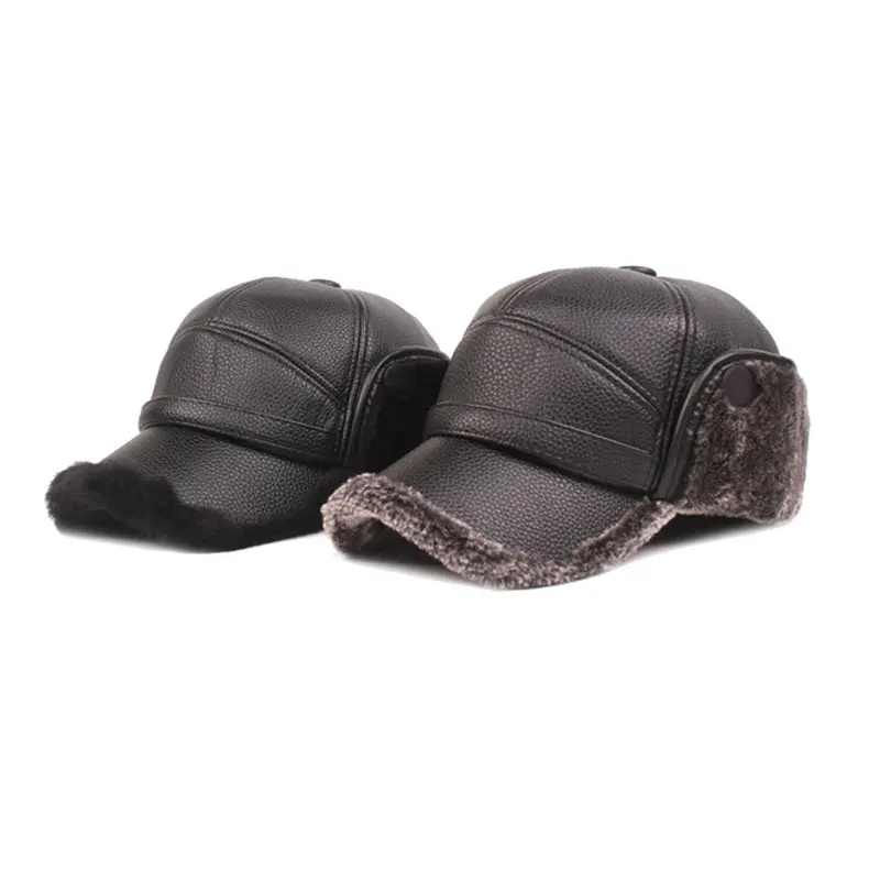 

Mens' Leather Hat Winter Warm Trapper Outdoor Hunting Ear Flap Baseball Cap with Brim M2