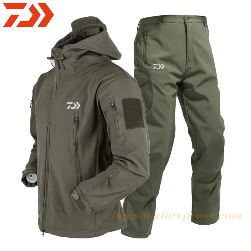 Daiwa 2021 S-4XL Soft Shell Winter Fishing Suits Men Trousers Tactical Windproof Waterproof Outdoor Jackets Hood Coat+Pant | Спорт и
