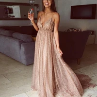long sequins evening dresses luxury 2021 spaghetti blackless deep v neck sexy prom gowns vintage elegant a line women dress