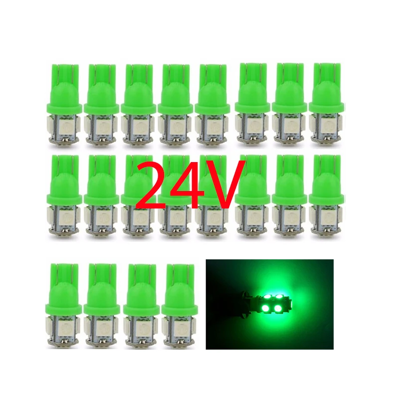 Зеленые светодиодные лампы T10 W5W 5050 5SMD 168 194 192 DC 24 В для номерного знака освещения