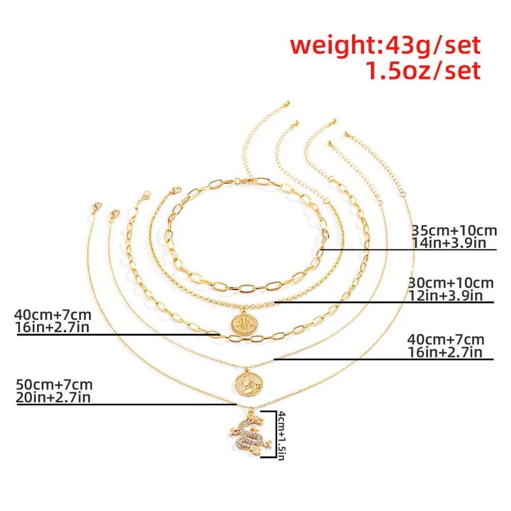 

Salircon Vintage Crystal Dragon Pendant Necklace for Women Kpop Multi Layer Carved Coin Chinese Character Chain Necklace Jewelry