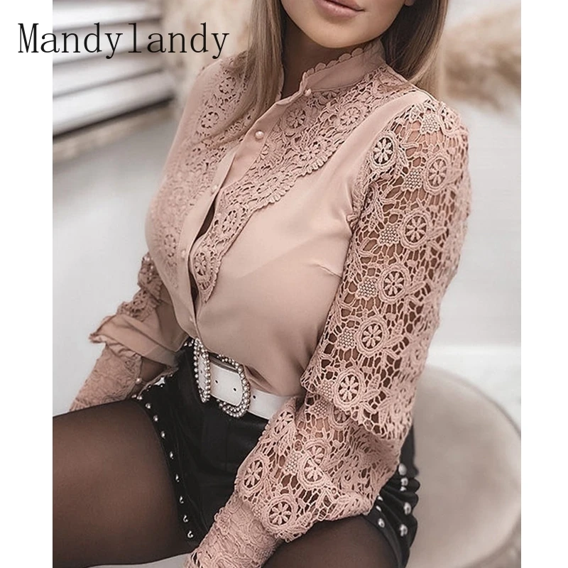 

Женская рубашка Mandylandy с длинным рукавом, однобортная Облегающая рубашка с воротником-стойкой, летняя однотонная кружевная простроченная р...