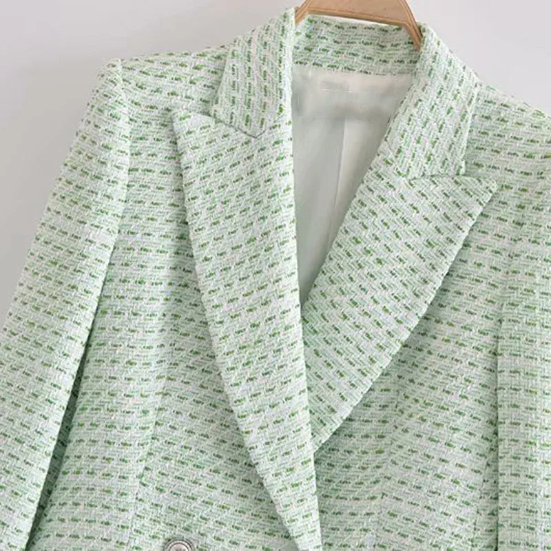 

Alldoke Spring Summer 2021 Green Plaid Casual Blazers Women Notched Collar Long Sleeve Double Breasted Pockets Blazers Coat