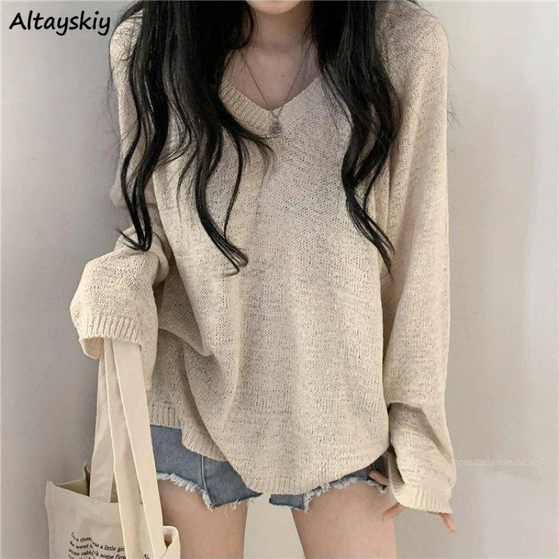 

Женская Пуловеры оверсайз с V-образным вырезом, напущенная верхняя одежда, универсальный Повседневный женский свитер Ulzzang, модный однотонны...