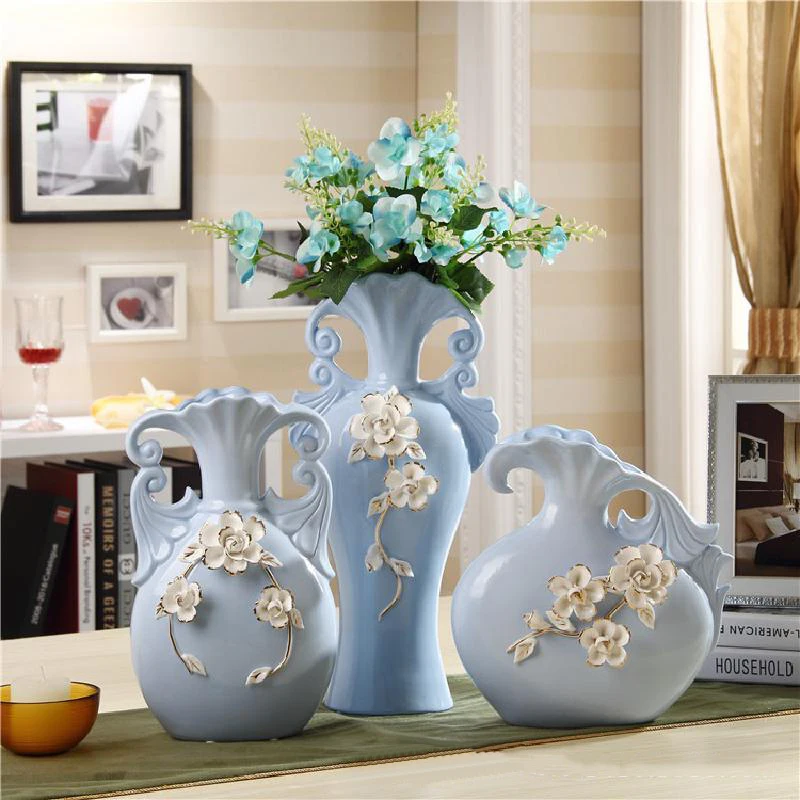 

European-style Retro Ceramic Vase Three-piece Set Chaozhou Handmade Crafts Home Living Room Tv Wine Cabinet Decoration