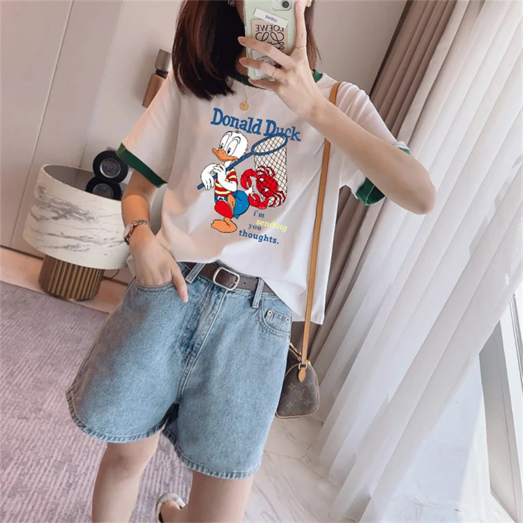 

Cotton Women Short Sleeve Tops & Tee Cartoon Print T-shirts Color Block Casual Fashion Design For Women Spring Summer Autumn