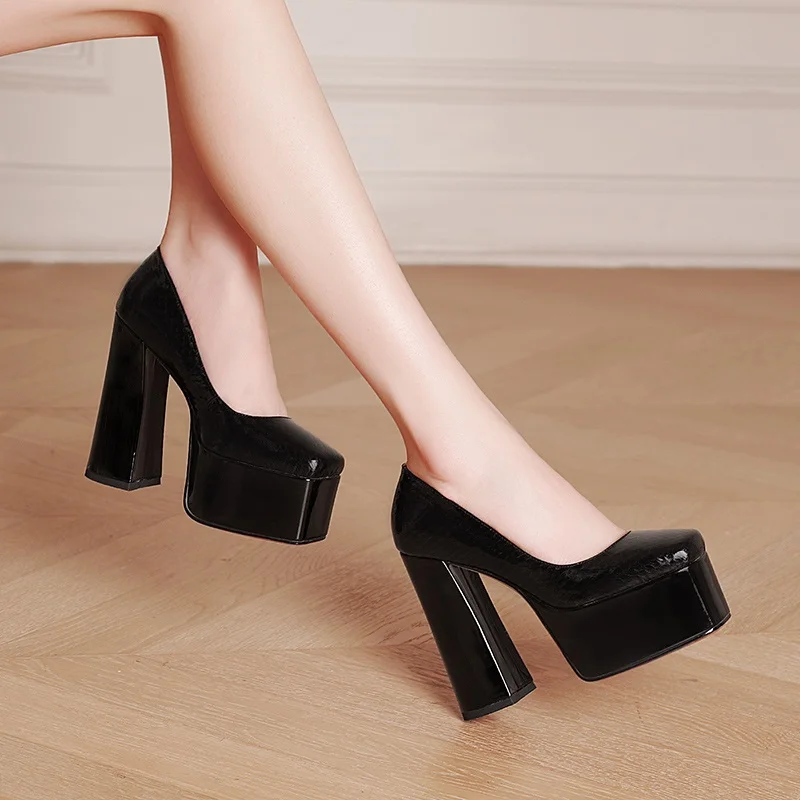 

genuine leather pumps woman super high heels square toe slip-on platform shoes female dress office lady pumps wedding party shoe