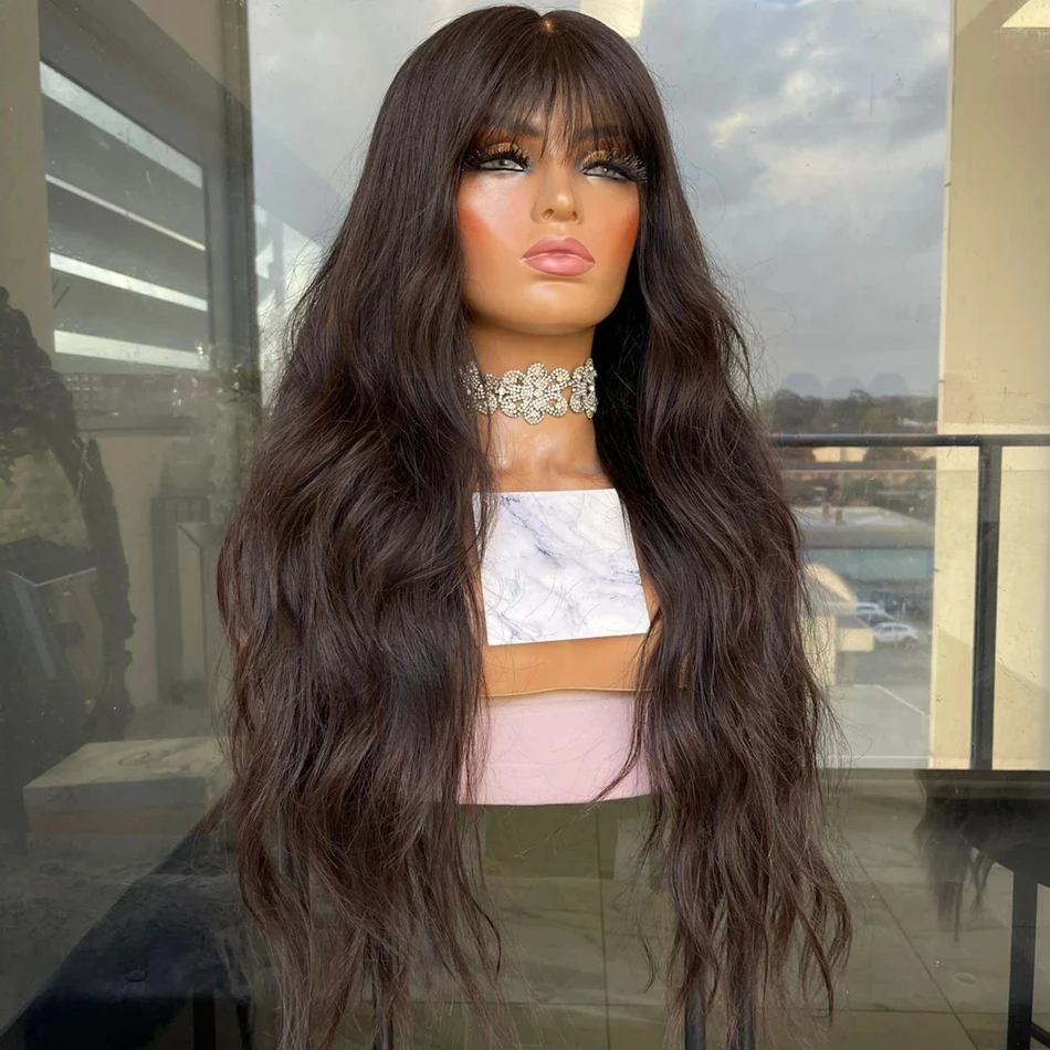 

Волнистые Темно-коричневые индийские человеческие волосы Remy, 360 передние парики на сетке для черных женщин с челкой, 200 плотность, 13x6, парики ...