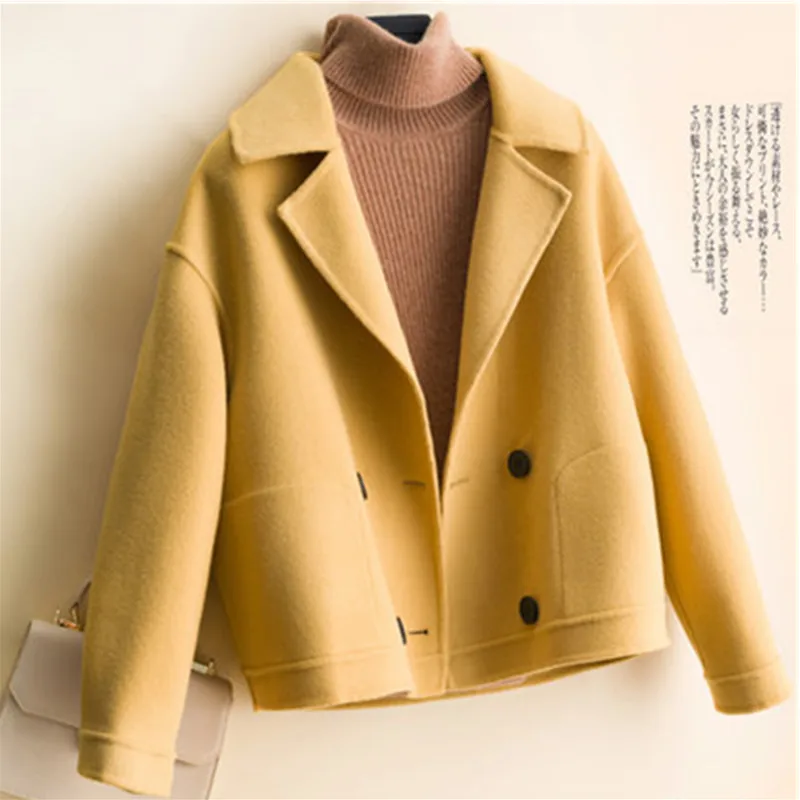 

Short Double-Sided Wool Cashmere Coat Womens Autumn Winter Woolen Jacket Loose Clothes Yellow Black Beige Outerwear Female