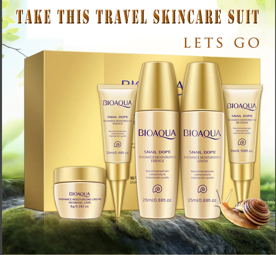 Bioaqua 24K Gold Snail Travel Skin Care Set Anti Aging Wrinkle Essence Eye Cream Toner Facial Cleanser With BB |