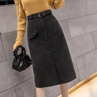 woolen skirt womens autumn and winter single belt long slit a line skirt woman skirts mujer faldas saias mulher