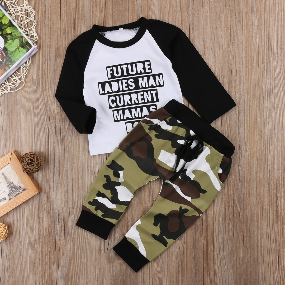 2Pcs Modis Autumn Baby Boys Kids Outfits Toddler Letter Print Long Sleeve Cotton Tee Tops Camouflage Pants Clothes Baby's Set |