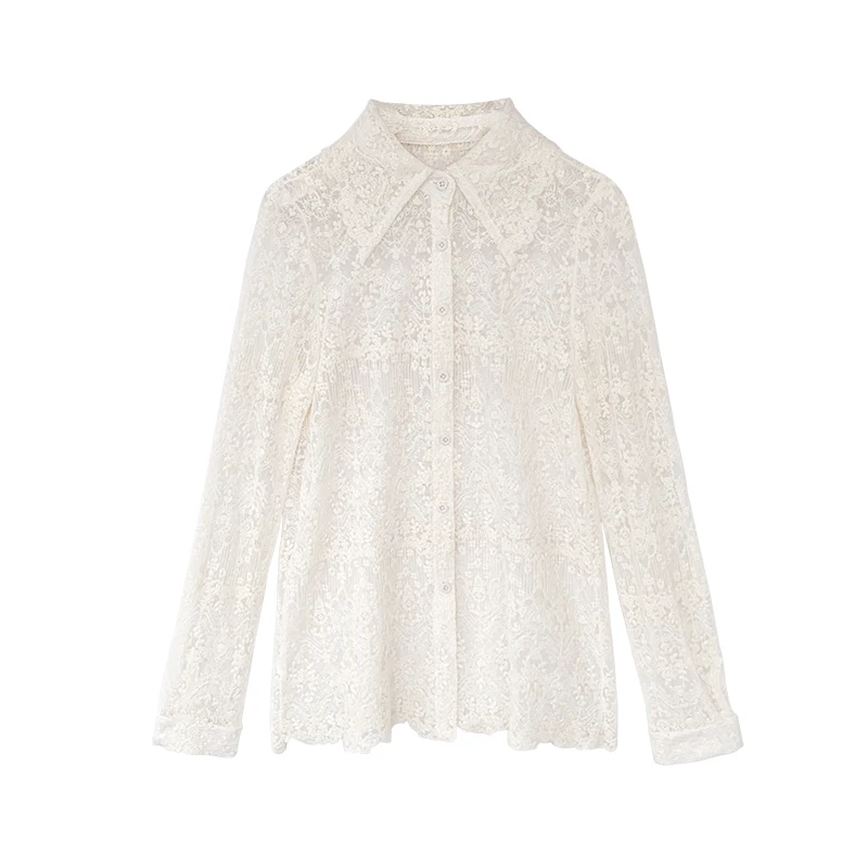 

Women 2021 Spring Crochet Lace Floral Fashion Female Shirts Turn-down Collar White Blouse Button Solid Ladies Blouses Tops 13125