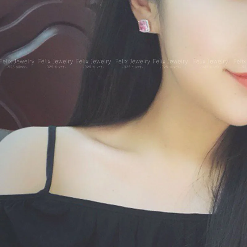 

Female Luxury Pink Geometric Zircon Stud Earrings Vintage 925 Silver Jewelry DoubleFor the peach blossom luck Earrings For Women